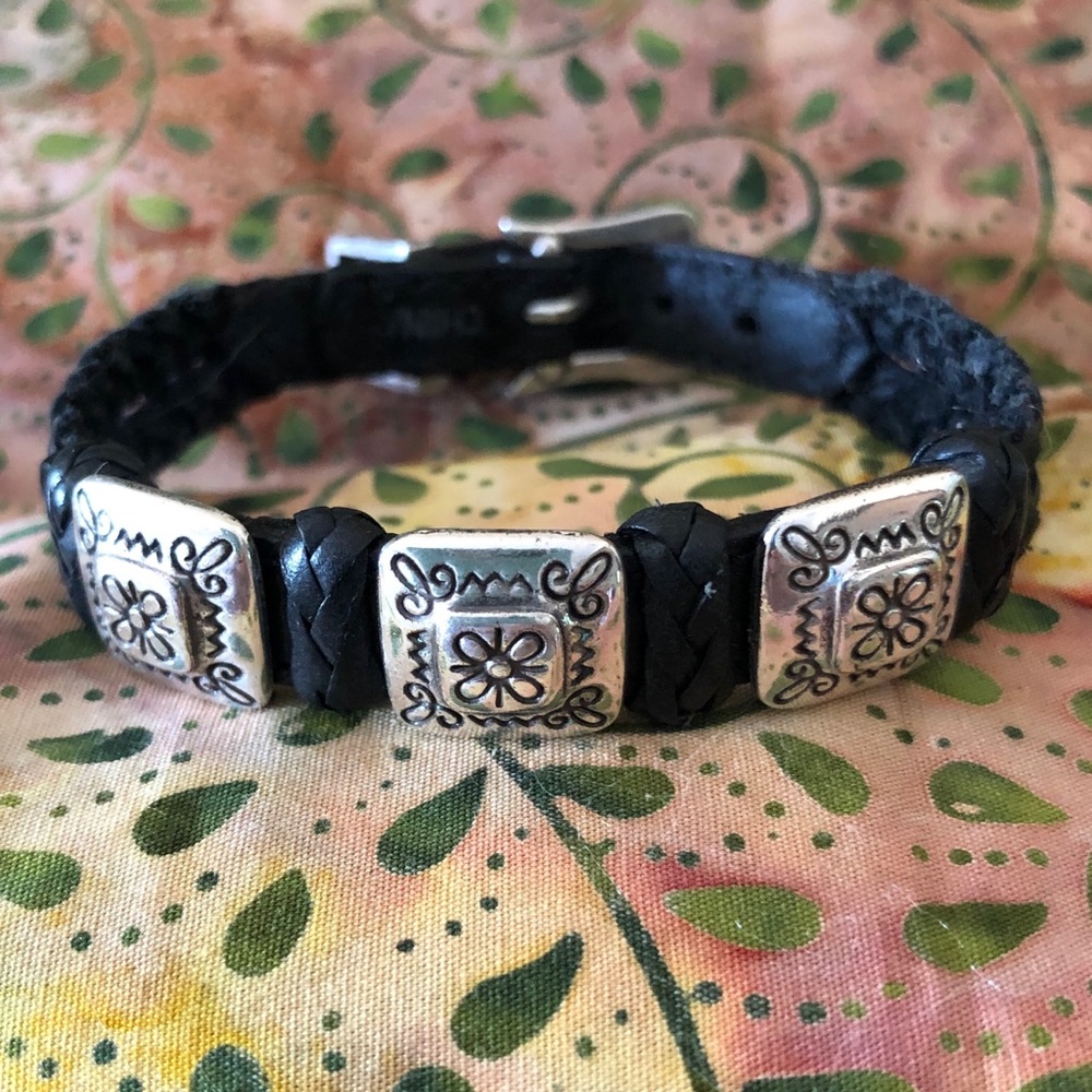 Braided Black Leather & Silvertone Bracelet
